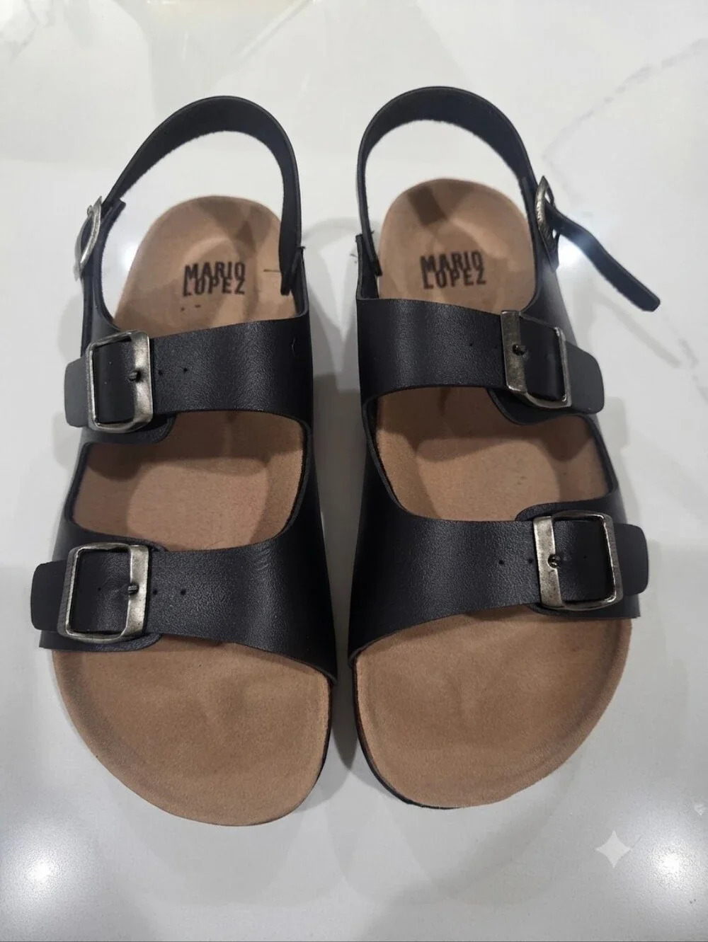 MENS MARIO LOPEZ TRIPLE BUCKLE BLACK SANDALS SIZE 7.5 UNISEX.